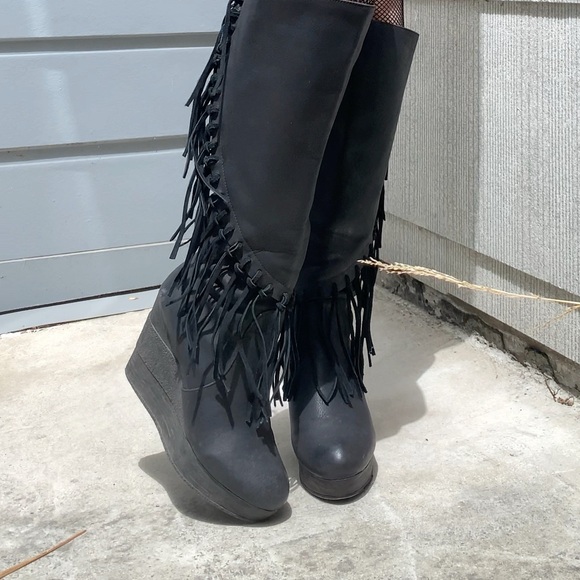 SBICCA Vegan Leather Platform Wedge Fringe Western Boots - Picture 1 of 8
